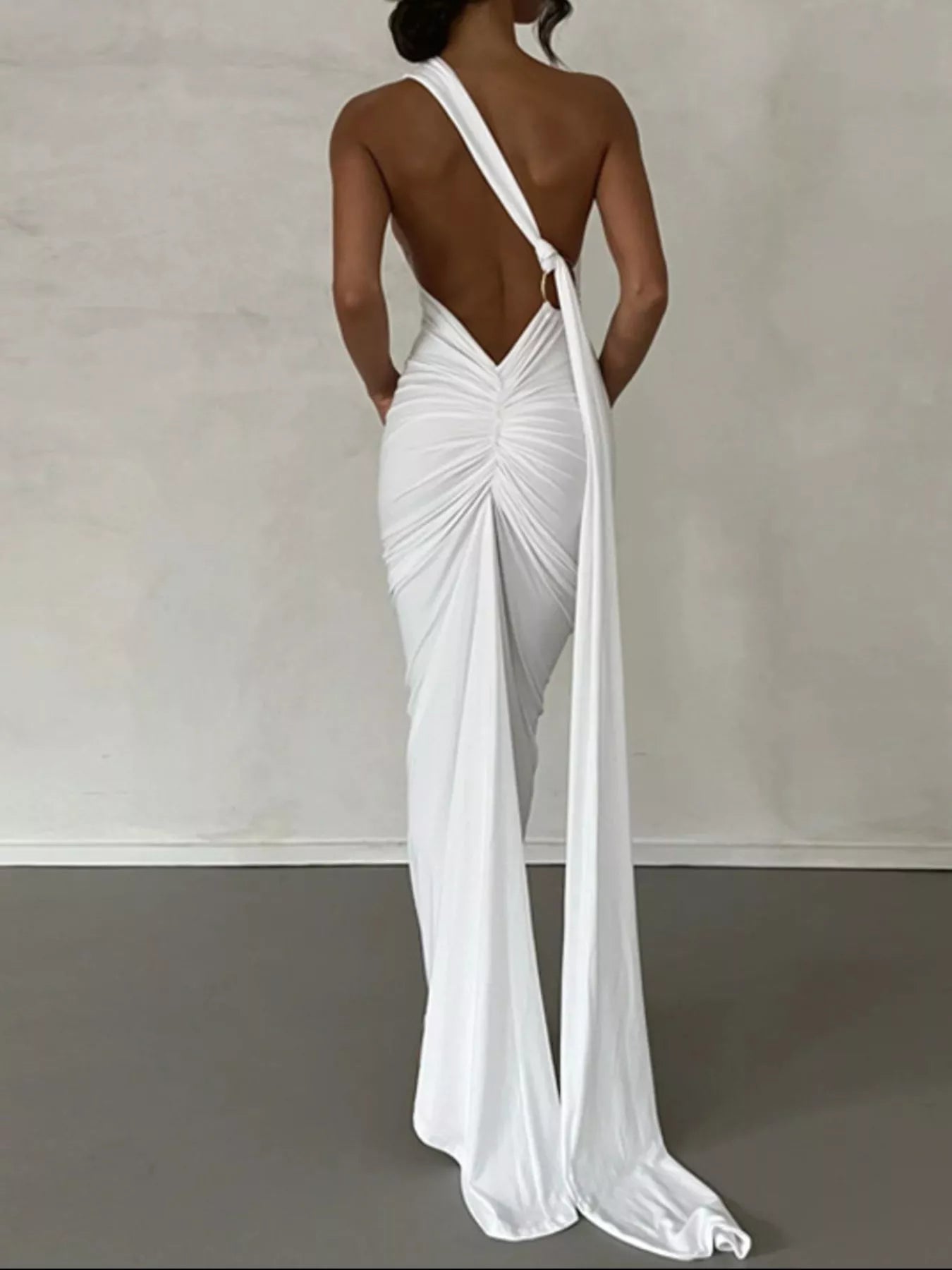 Backless One - Shoulder Ruched Bodycon Maxi Dress - Flip Flop Dynasty