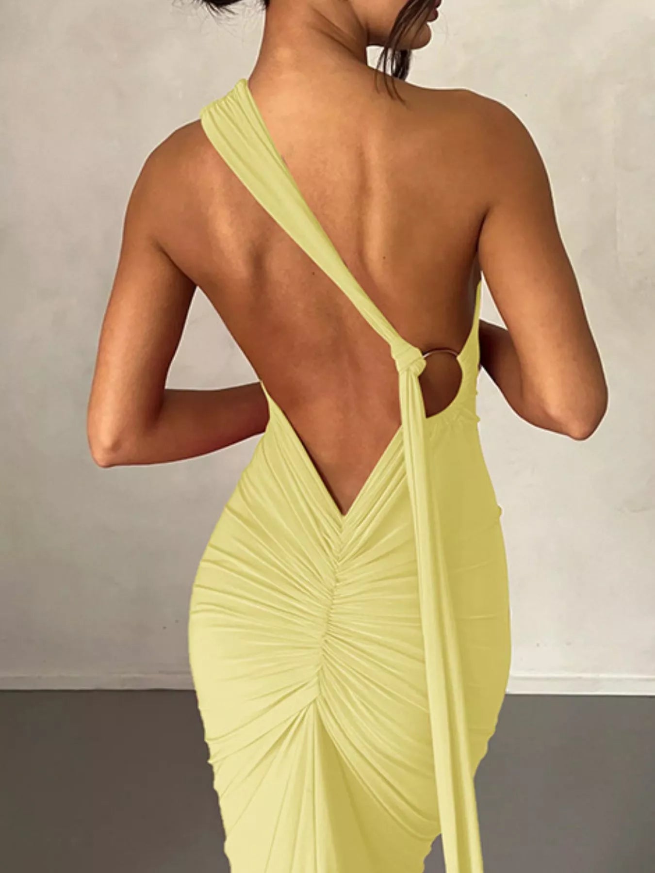 Backless One - Shoulder Ruched Bodycon Maxi Dress - Flip Flop Dynasty