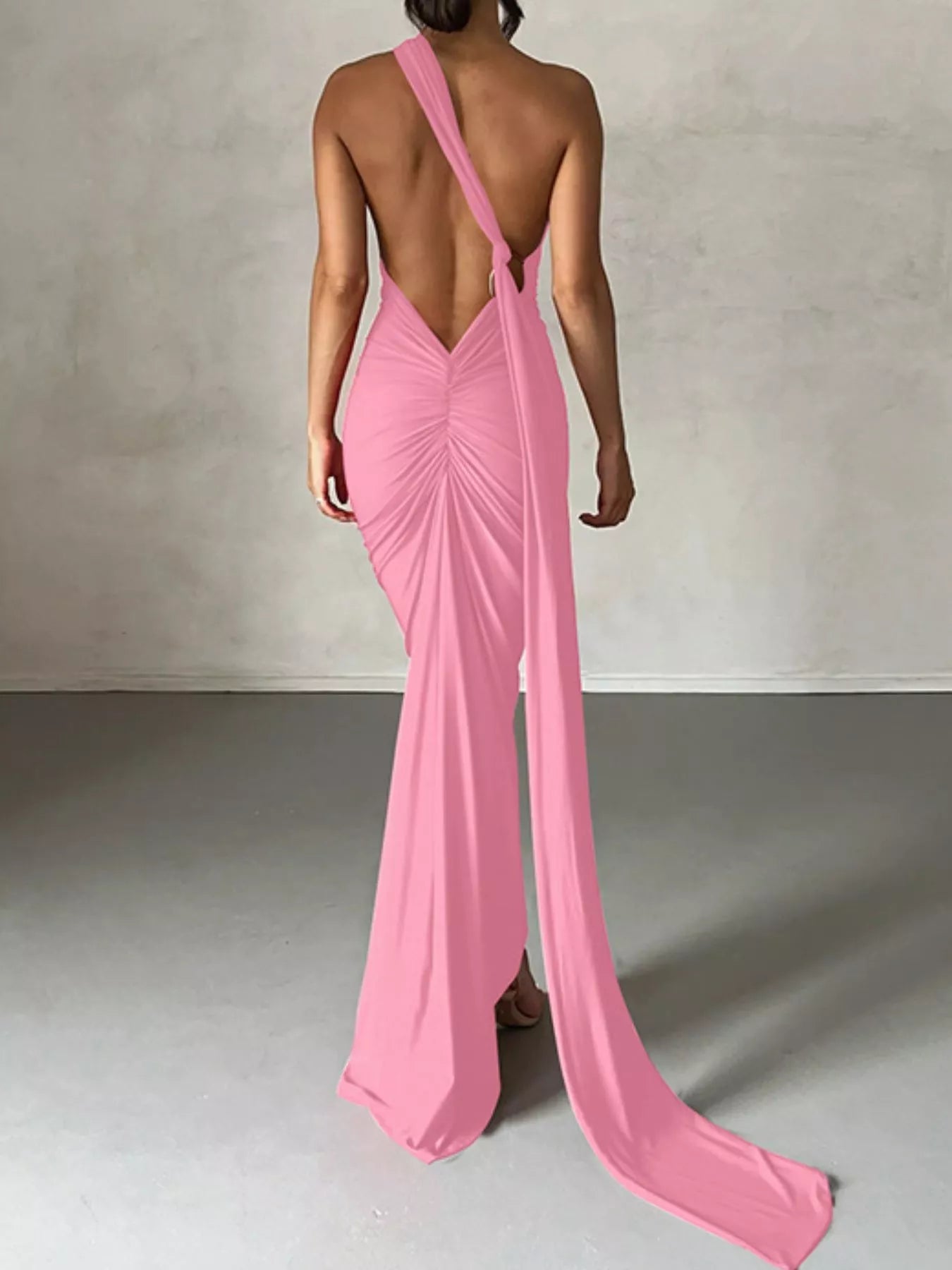 Backless One - Shoulder Ruched Bodycon Maxi Dress - Flip Flop Dynasty
