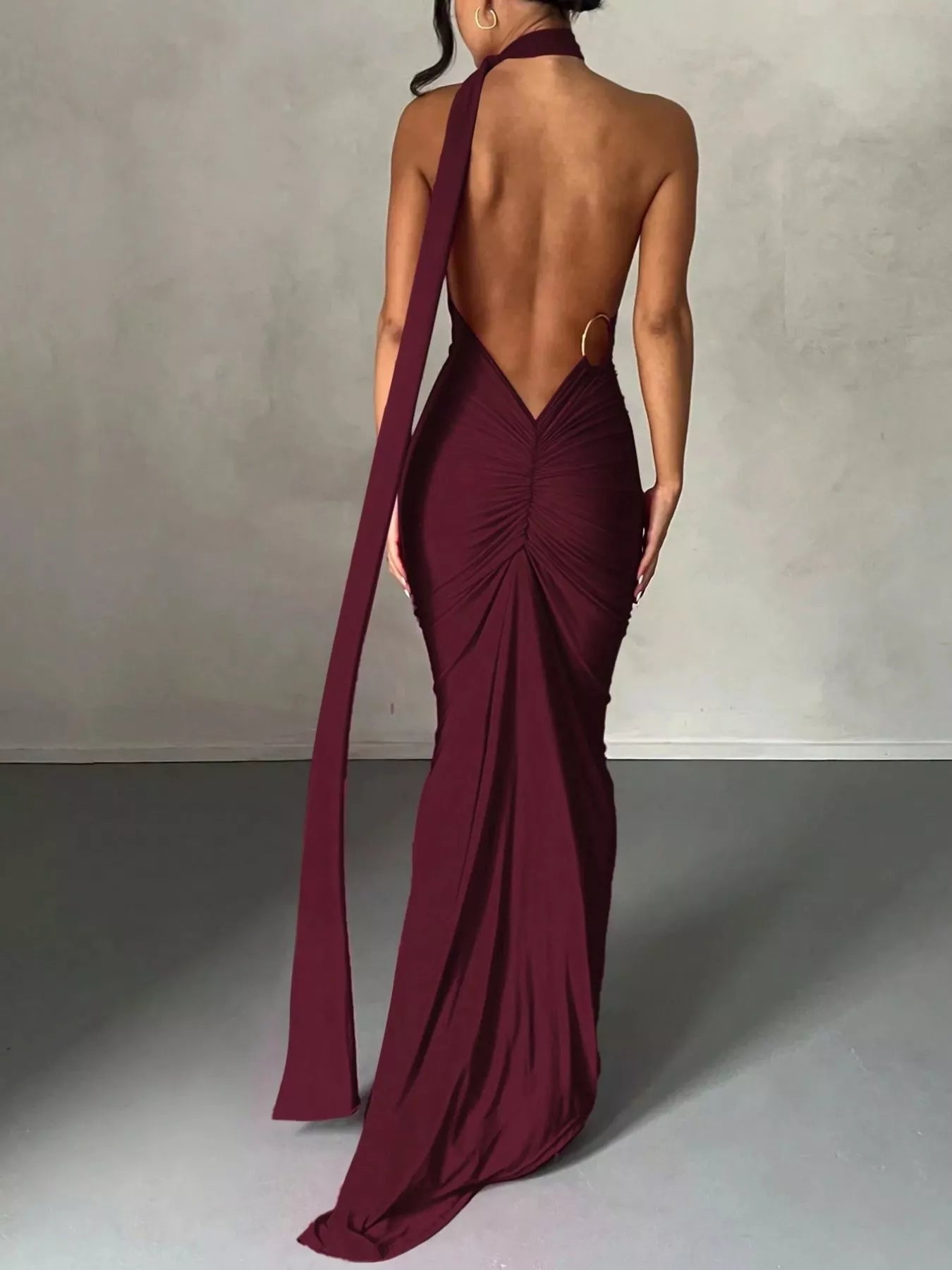 Backless One - Shoulder Ruched Bodycon Maxi Dress - Flip Flop Dynasty