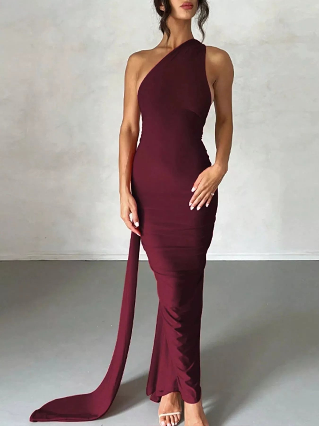 burgundy bodycon maxi dress Backless One-Shoulder Ruched Bodycon Maxi Dress