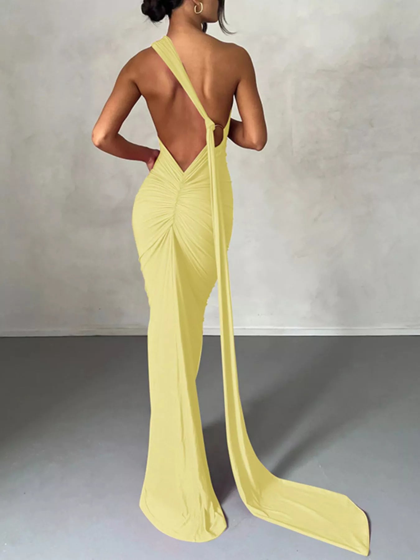 Backless One - Shoulder Ruched Bodycon Maxi Dress - Flip Flop Dynasty