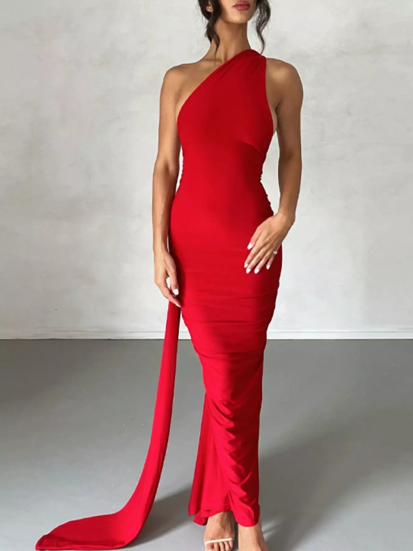 Backless One - Shoulder Ruched Bodycon Maxi Dress - Flip Flop Dynasty