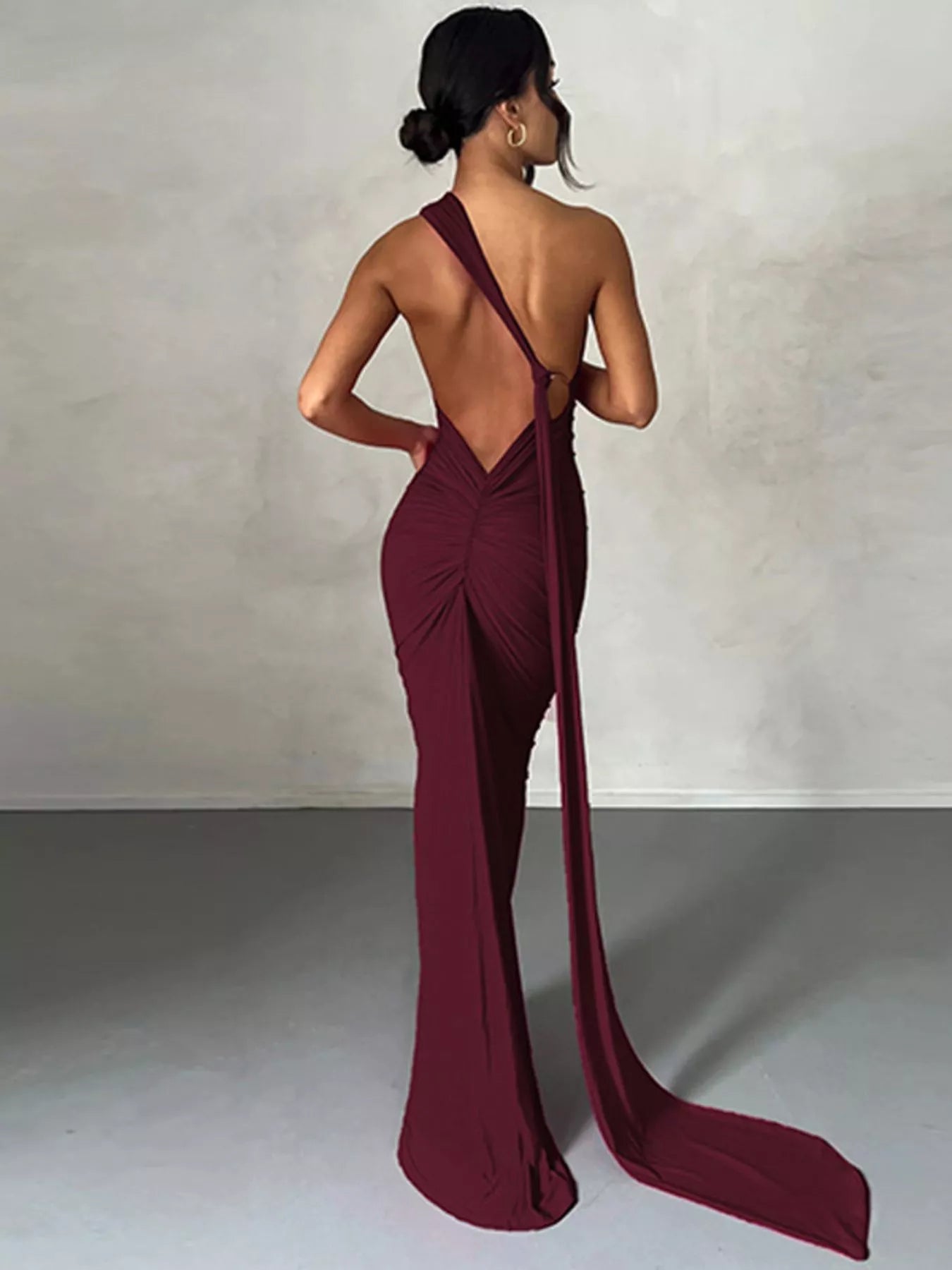 Backless One - Shoulder Ruched Bodycon Maxi Dress - Flip Flop Dynasty
