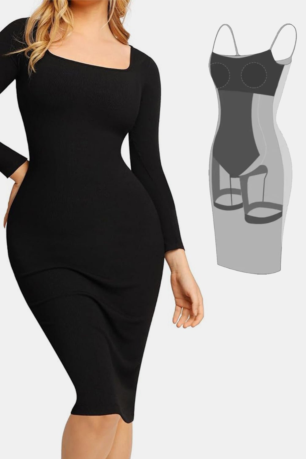 Basic Bae Full Size Built - In Shapewear Square Neck Long Sleeve Dress - Flip Flop Dynasty