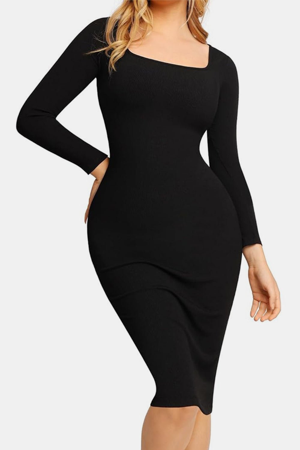 Basic Bae Full Size Built - In Shapewear Square Neck Long Sleeve Dress - Flip Flop Dynasty