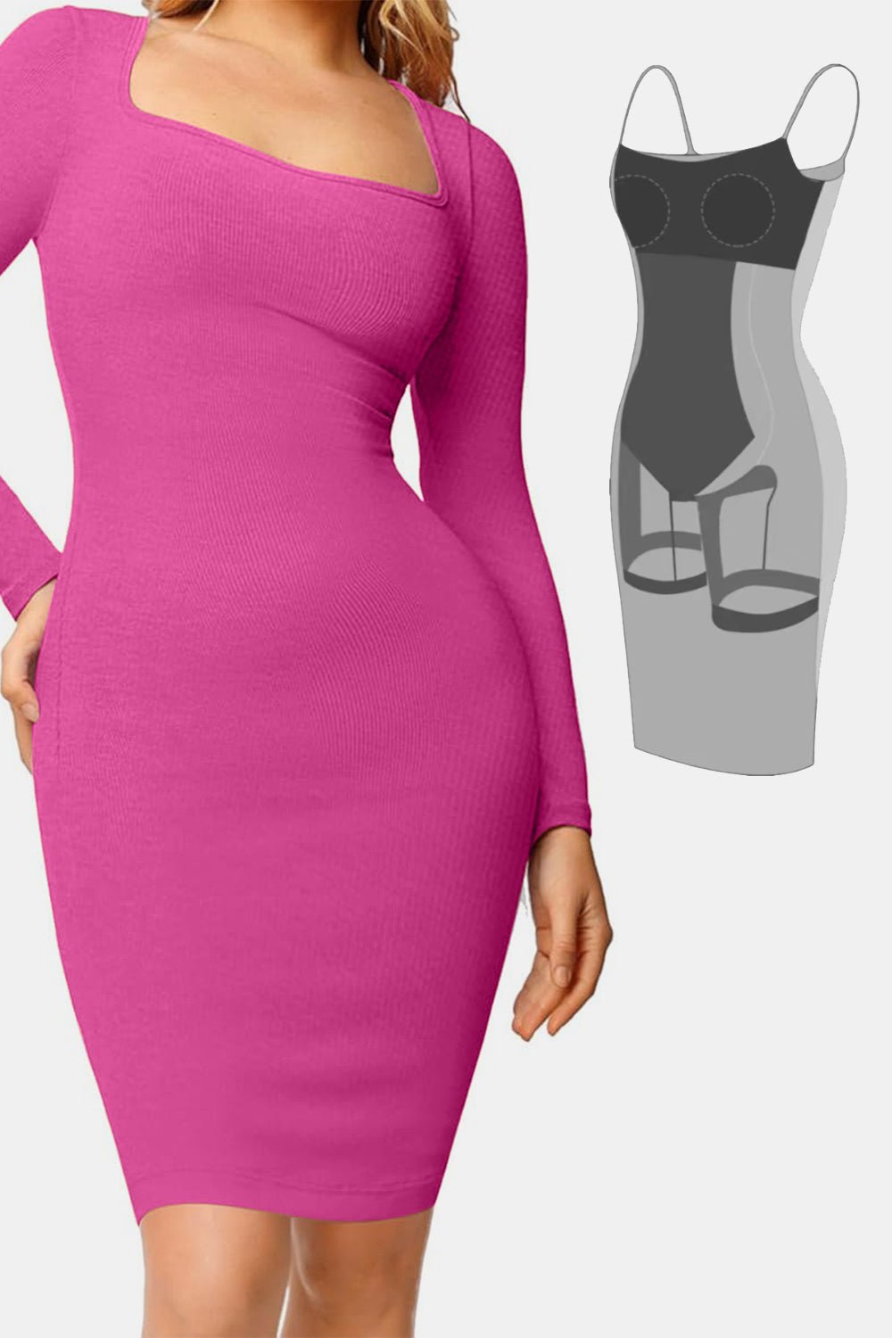 Basic Bae Full Size Built - In Shapewear Square Neck Long Sleeve Dress - Flip Flop Dynasty