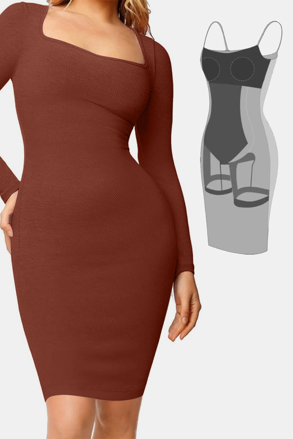 Basic Bae Full Size Built - In Shapewear Square Neck Long Sleeve Dress - Flip Flop Dynasty