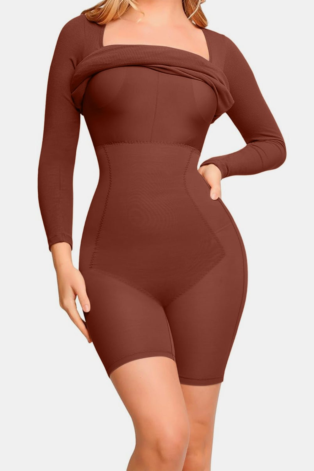 Basic Bae Full Size Built - In Shapewear Square Neck Long Sleeve Dress - Flip Flop Dynasty