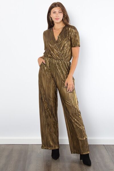 Be Stage Surplice Short Sleeve Pleated Foil Jumpsuit - Flip Flop Dynasty