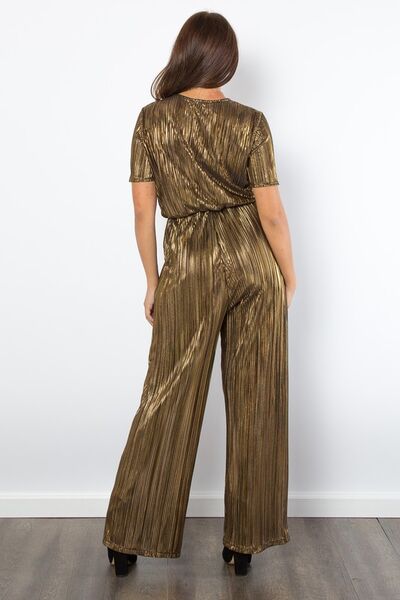 Be Stage Surplice Short Sleeve Pleated Foil Jumpsuit - Flip Flop Dynasty