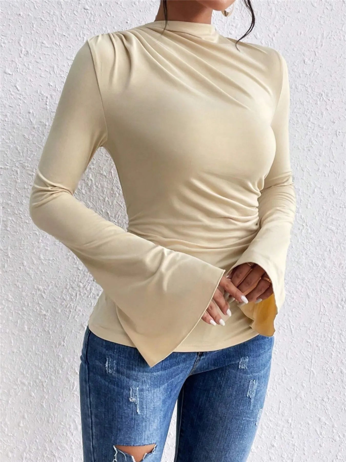 Bell Sleeve Ruched Fitted T-Shirt with Mock Neck - Flip Flop Dynasty