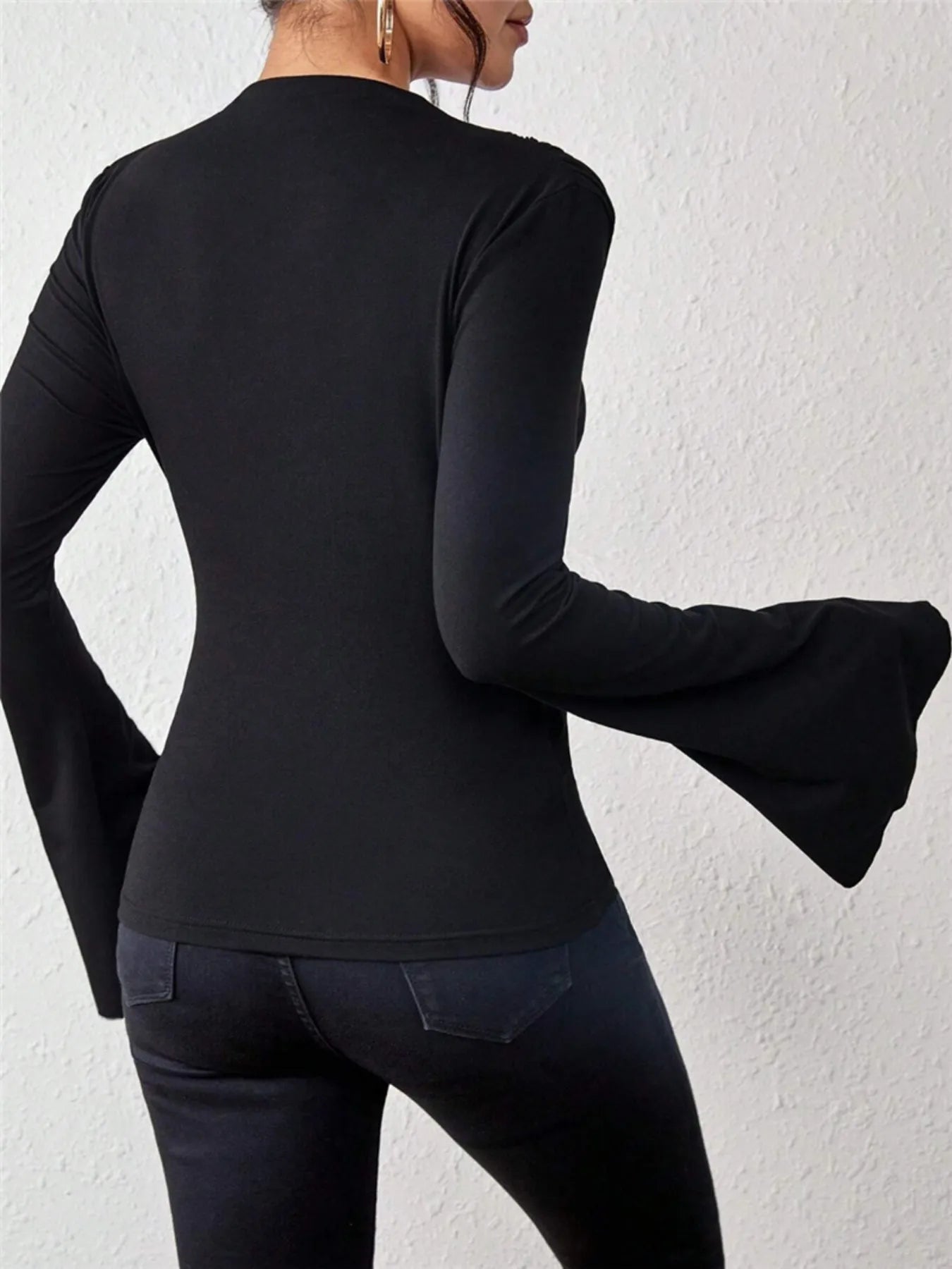 Bell Sleeve Ruched Fitted T-Shirt with Mock Neck - Flip Flop Dynasty