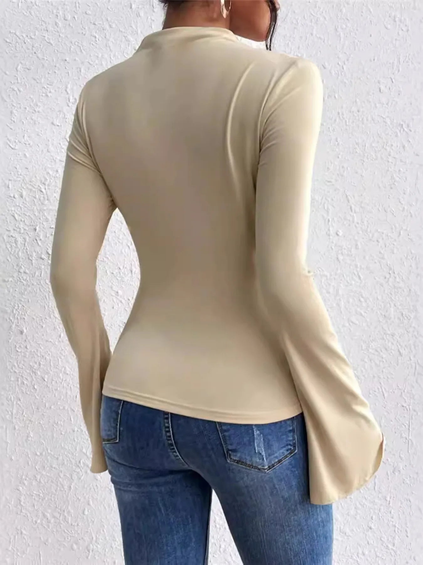 Bell Sleeve Ruched Fitted T-Shirt with Mock Neck - Flip Flop Dynasty