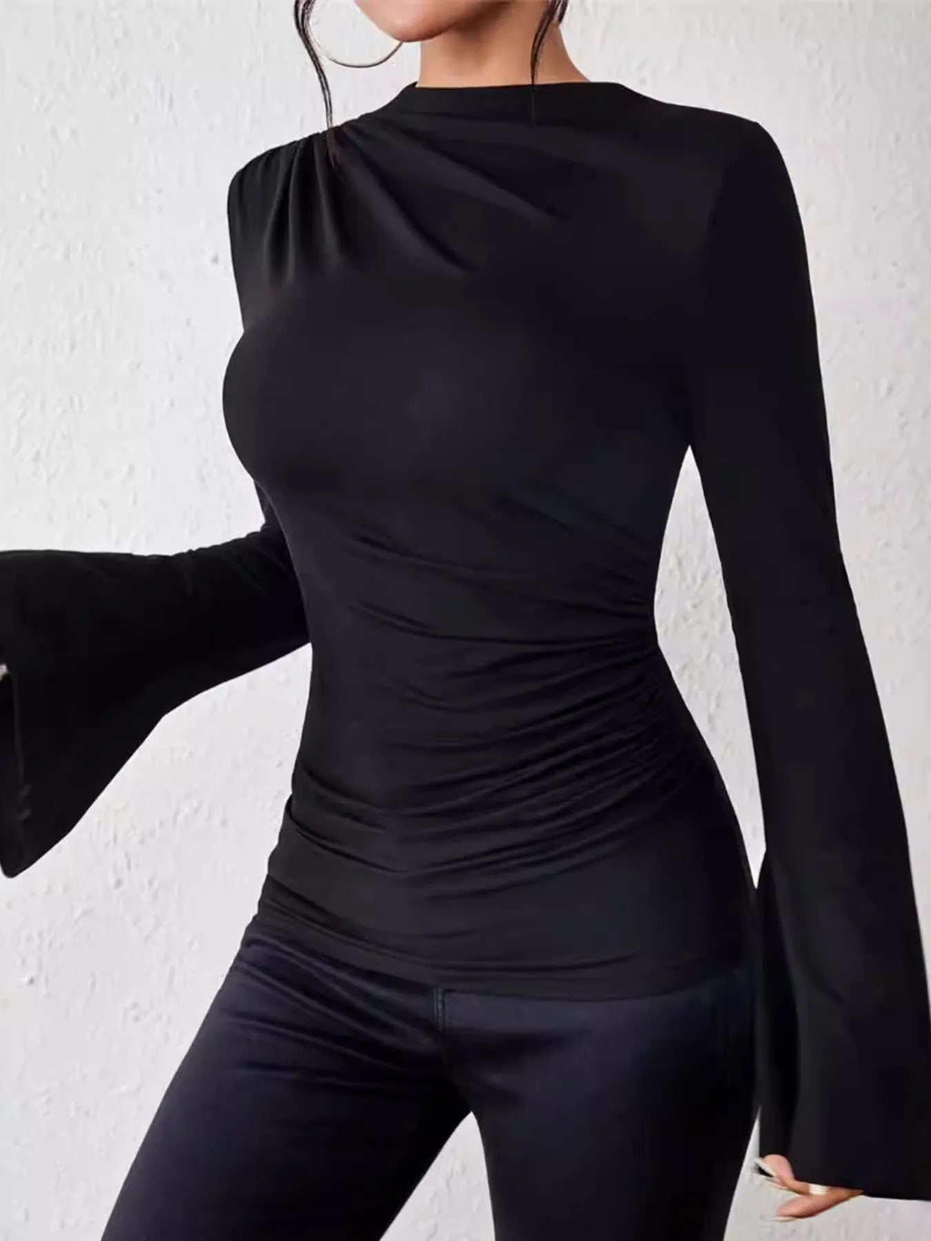 Bell Sleeve Ruched Fitted T-Shirt with Mock Neck - Flip Flop Dynasty