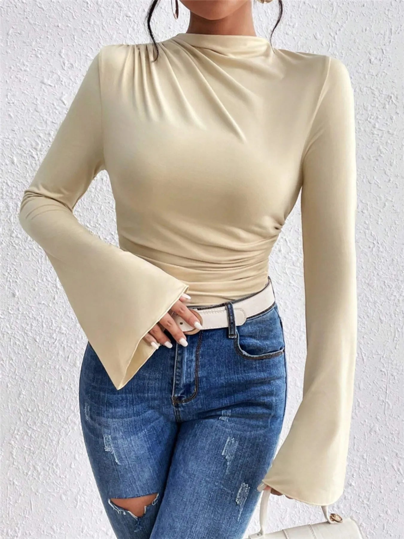 Bell Sleeve Ruched Fitted T-Shirt with Mock Neck - Flip Flop Dynasty