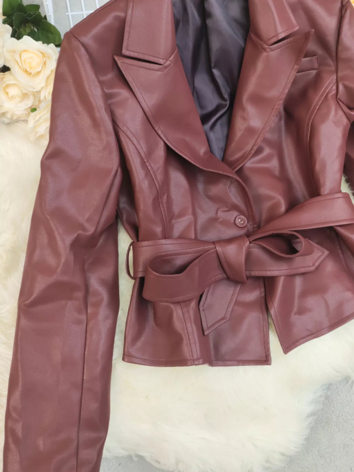 Belted Faux Leather Blazer - Flip Flop Dynasty