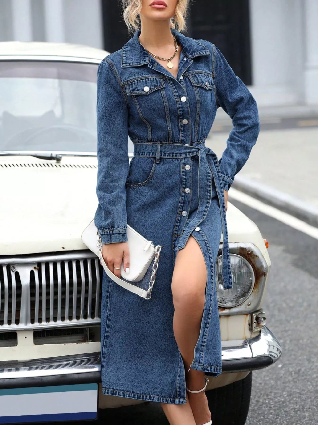 Belted Long Sleeve Denim Dress - Flip Flop Dynasty