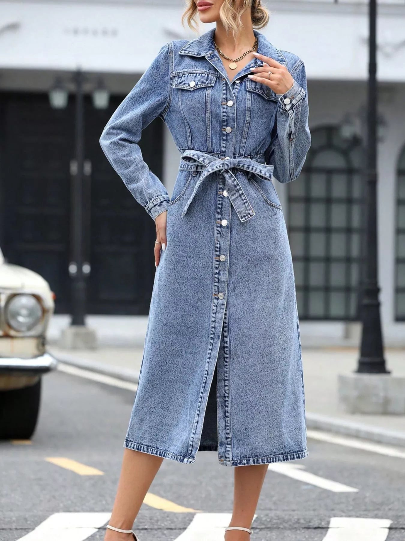 Belted Long Sleeve Denim Dress - Flip Flop Dynasty