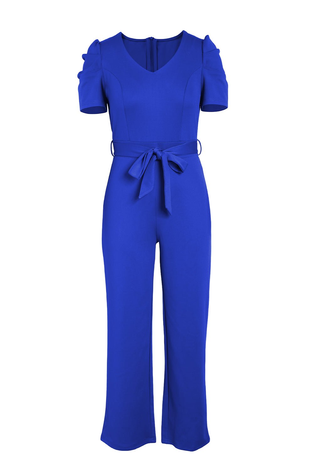 Belted Puff Sleeve V - Neck Jumpsuit - Flip Flop Dynasty