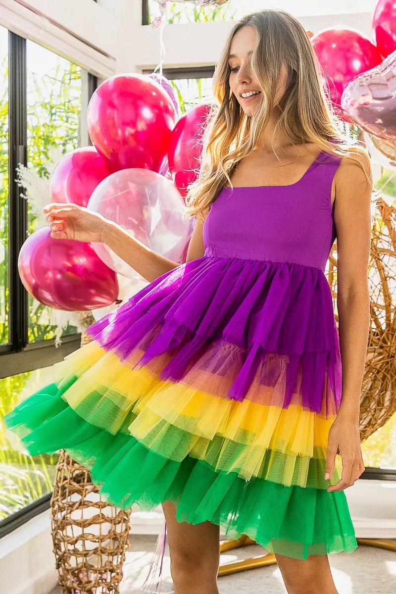 BiBi Mardi Gras Color Block Layered Mesh Tiered Dress - Flip Flop Dynasty