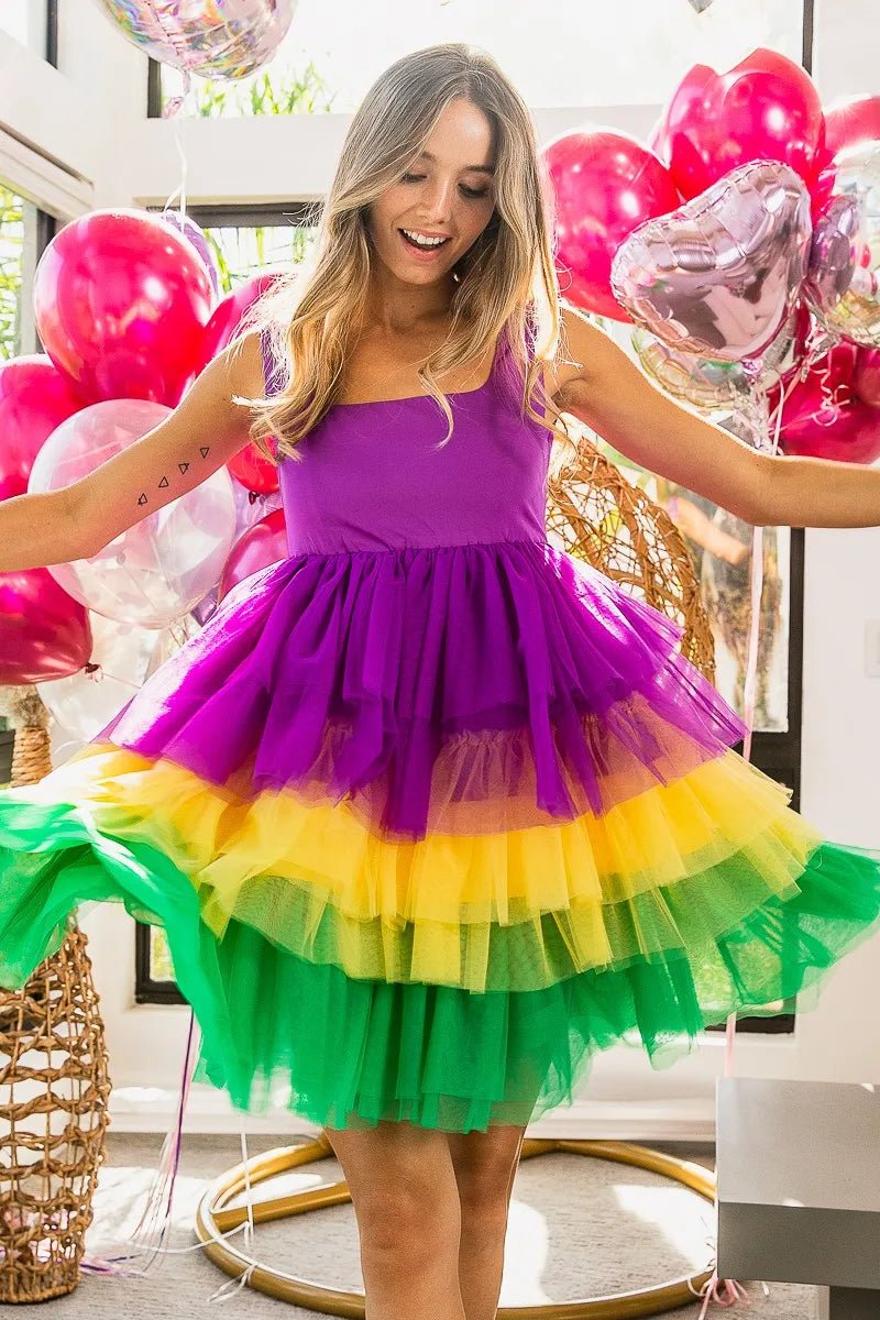 BiBi Mardi Gras Color Block Layered Mesh Tiered Dress - Flip Flop Dynasty