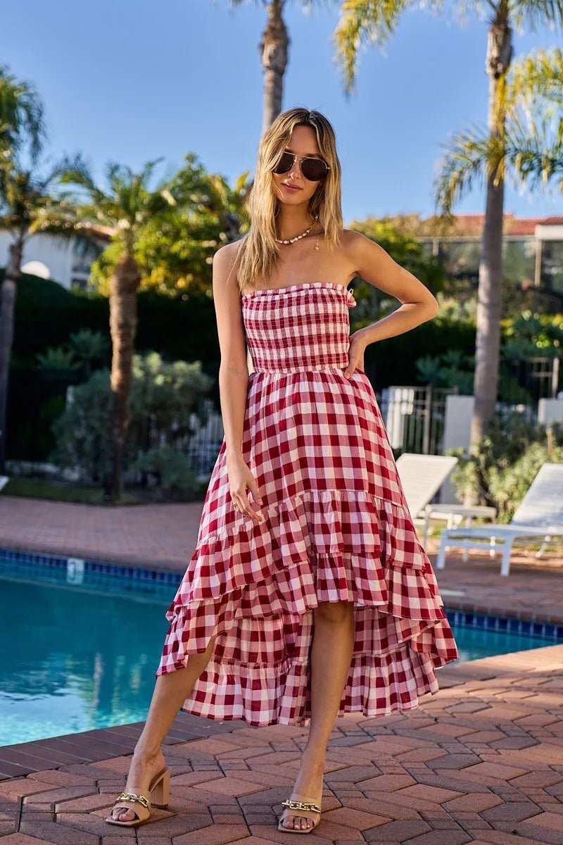 BiBi Smocked Body Off Shoulder Check Dress - Flip Flop Dynasty