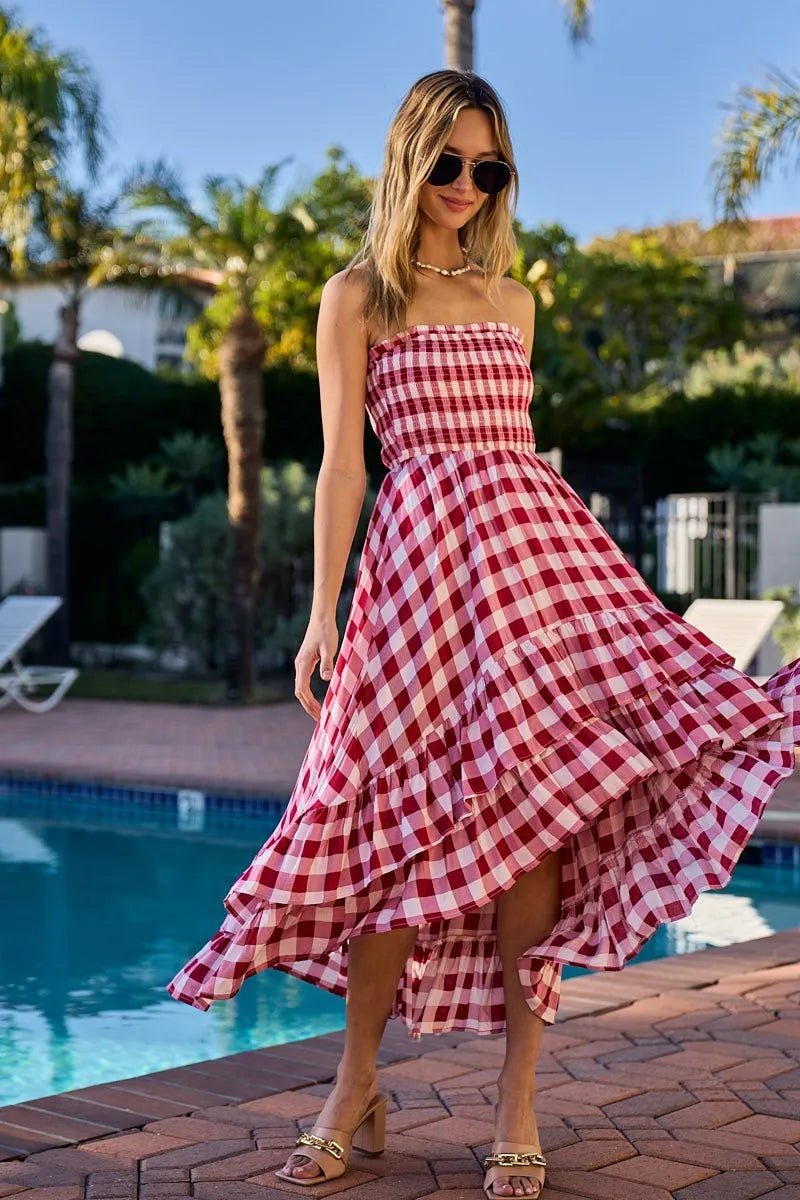BiBi Smocked Body Off Shoulder Check Dress - Flip Flop Dynasty