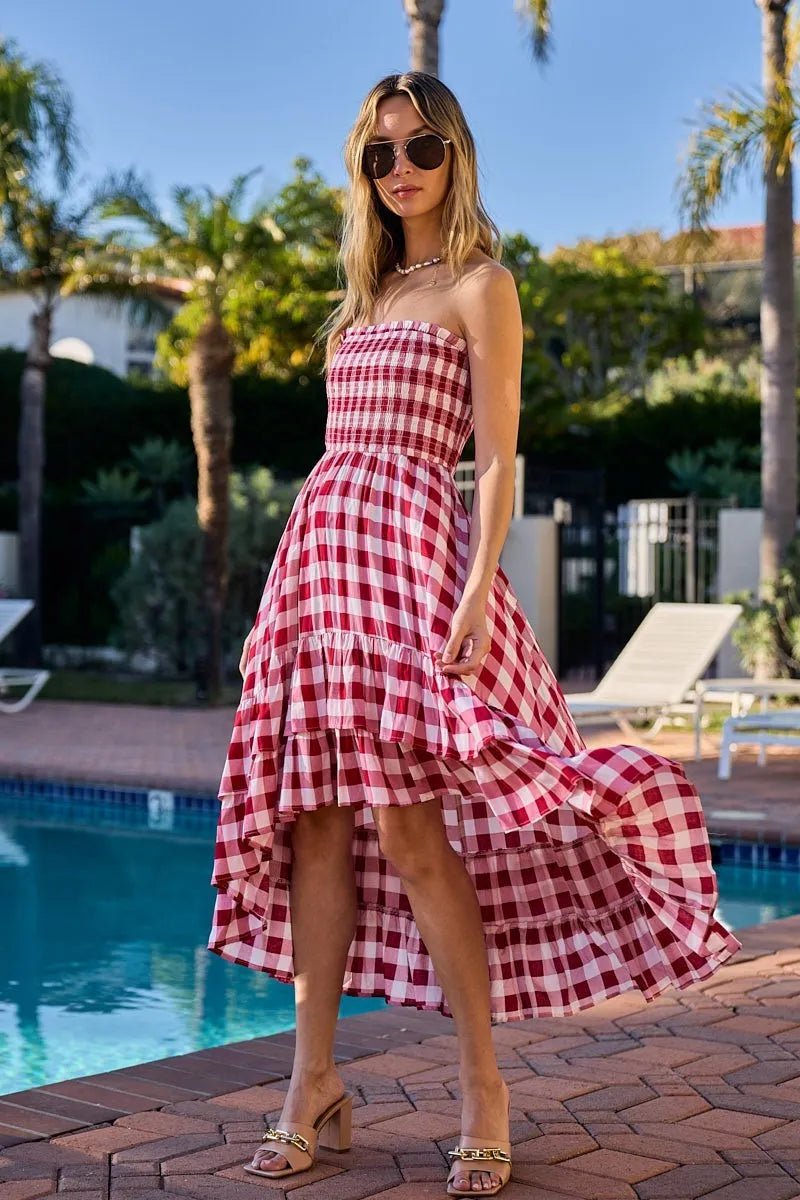 BiBi Smocked Body Off Shoulder Check Dress - Flip Flop Dynasty