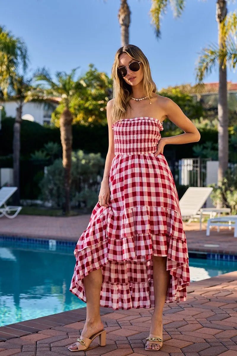 BiBi Smocked Body Off Shoulder Check Dress - Flip Flop Dynasty