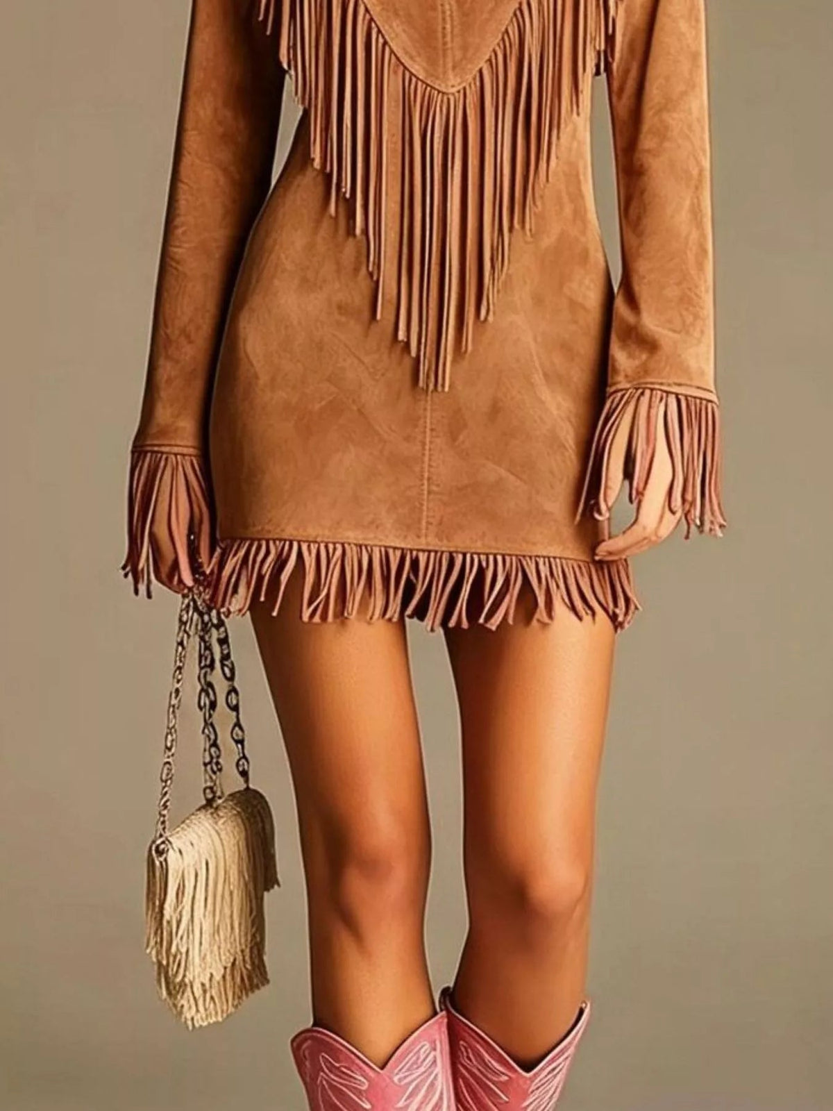 Boho Chic Fringed Suede V-Neck Mini Dress - Flip Flop Dynasty
