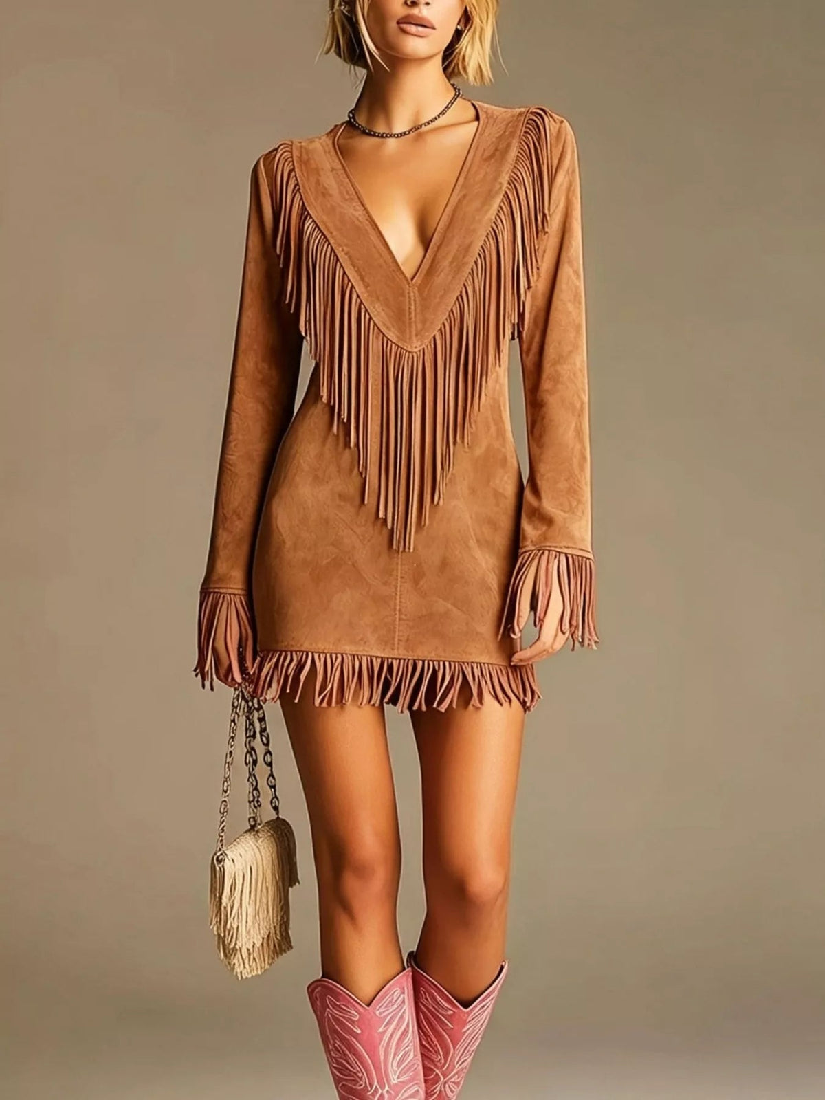 Boho Chic Fringed Suede V-Neck Mini Dress - Flip Flop Dynasty