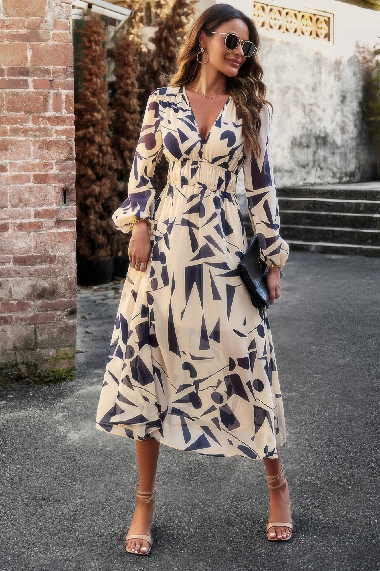 Boho V Neck A Line High Waist Long Sleeve Dress - Flip Flop Dynasty