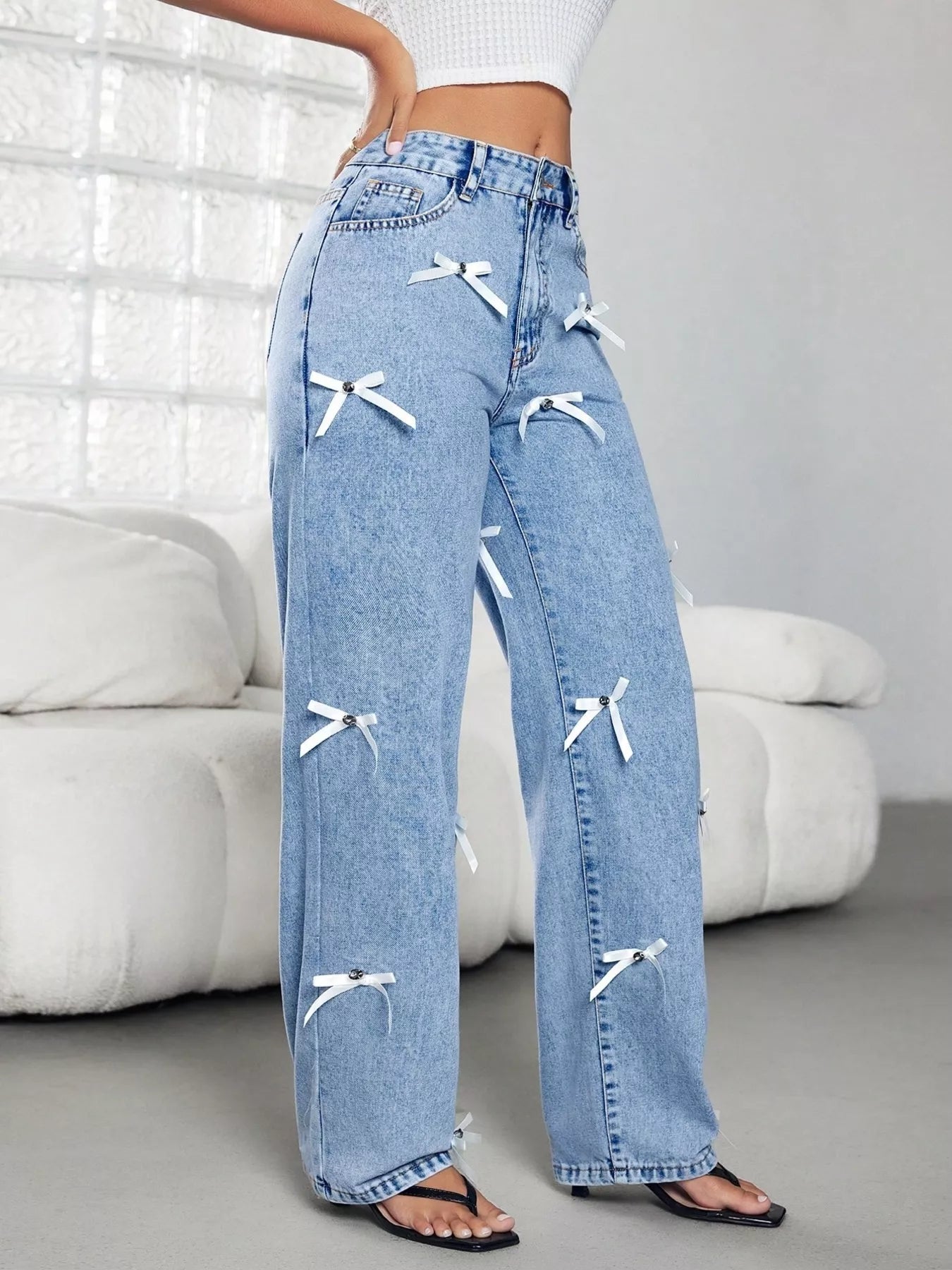 Bow Decor High Waist Wide Leg Jeans - Flip Flop Dynasty