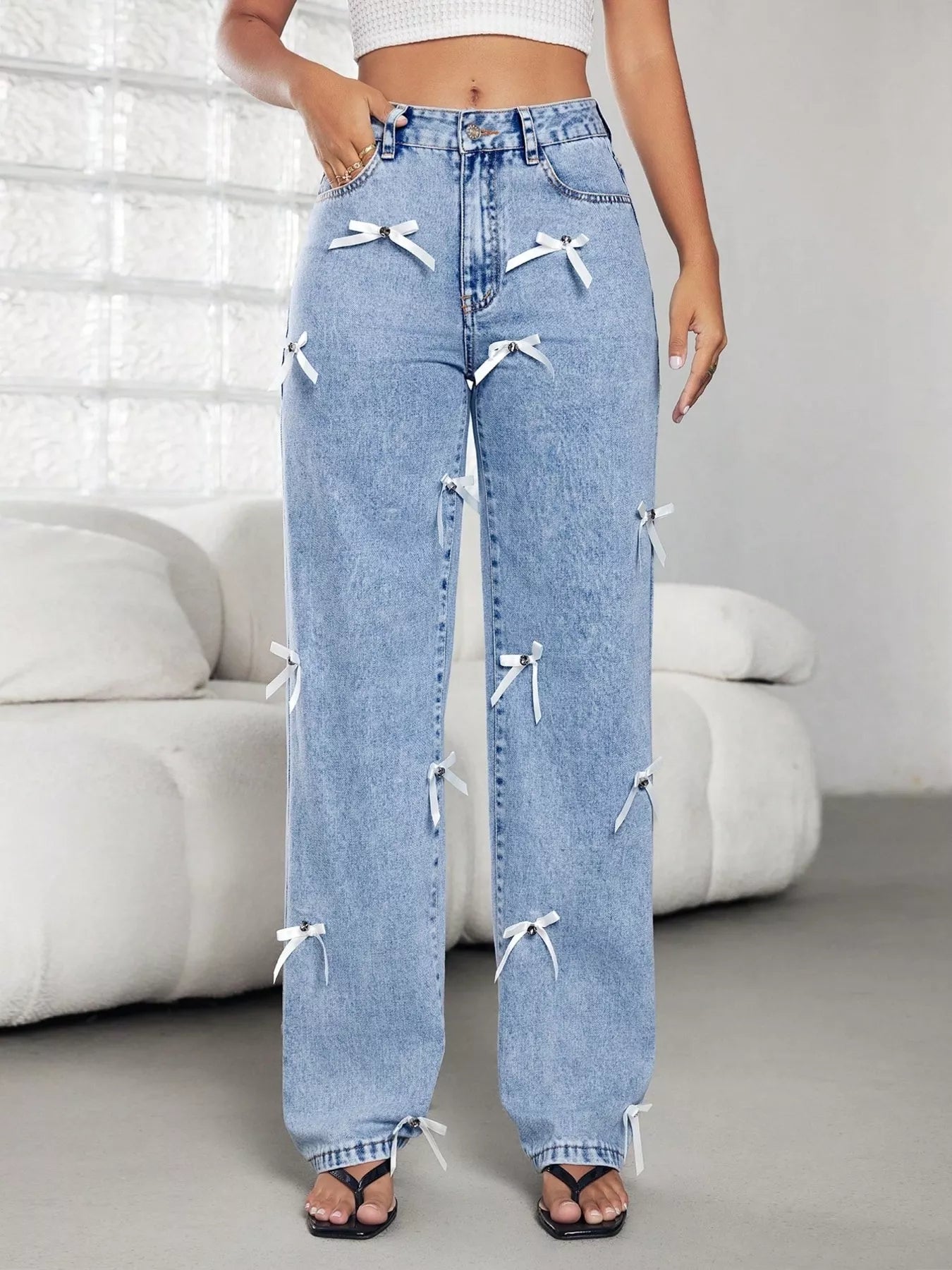 Bow Decor High Waist Wide Leg Jeans - Flip Flop Dynasty