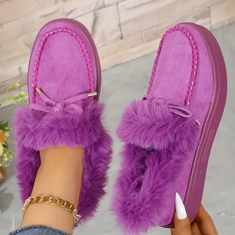 Bow Furry Round Toe Flat Slip - Ons - Flip Flop Dynasty