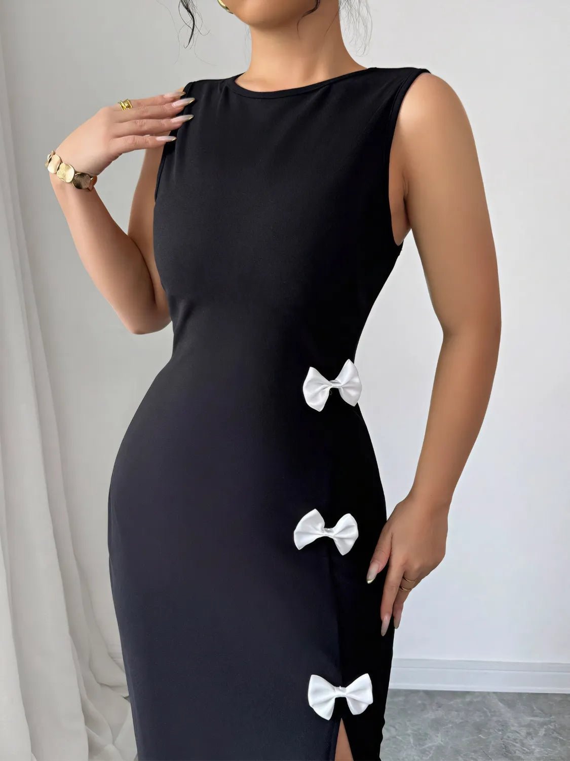 Bow Slit Round Neck Sleeveless Dress - Flip Flop Dynasty