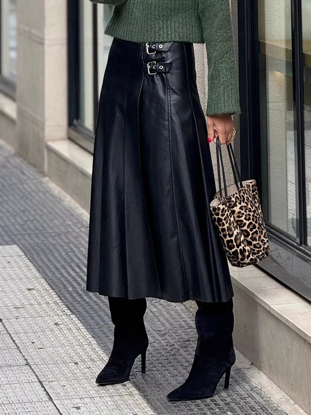 Buckle Detail Faux Leather Midi Skirt - Flip Flop Dynasty