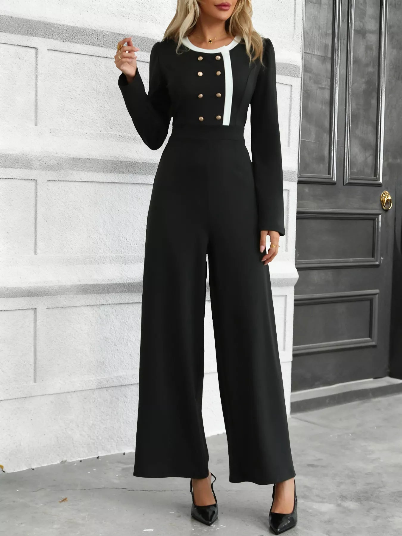 Button - Decor Long Sleeve Wide Leg Jumpsuit - Flip Flop Dynasty