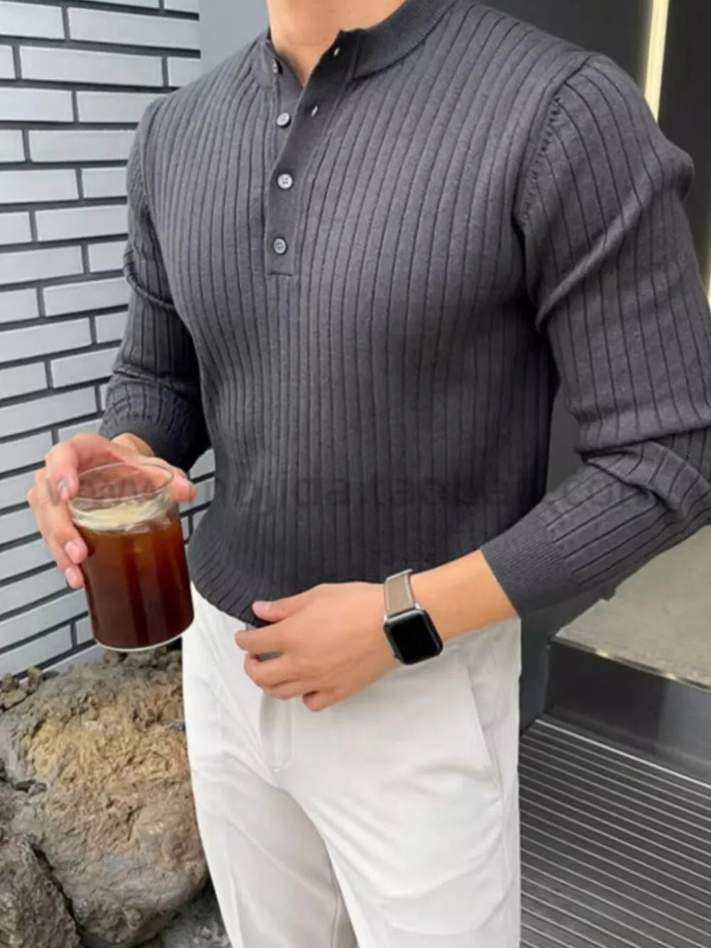Button Detail Ribbed Long Sleeve Men's Knit Top - Flip Flop Dynasty