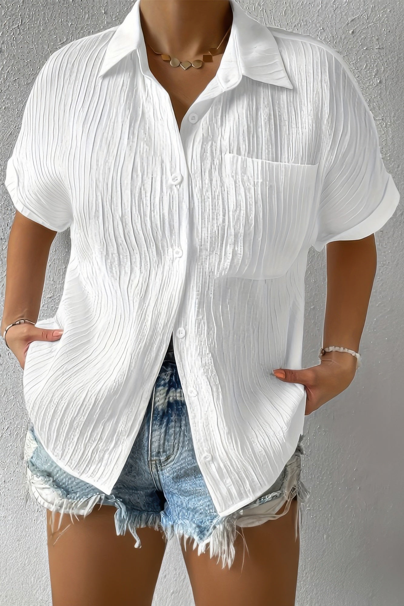 Button Down Lapel Pockets Loose Solid Shirt - Flip Flop Dynasty