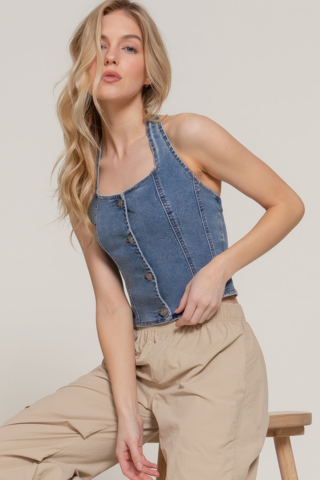 Button Down Stretch Denim Halter Top - Flip Flop Dynasty