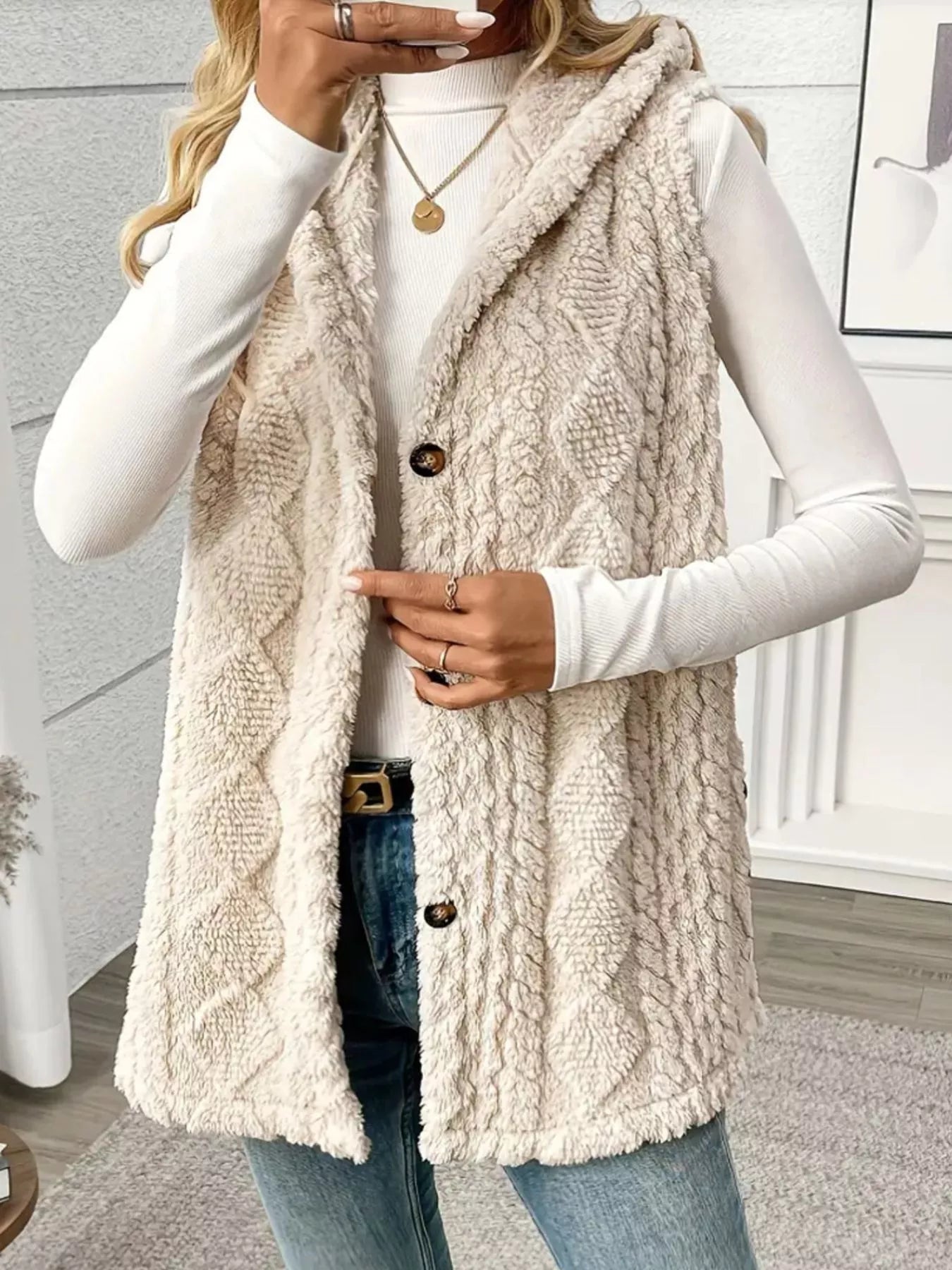 Button Up Plush Hooded Vest Coat - Flip Flop Dynasty