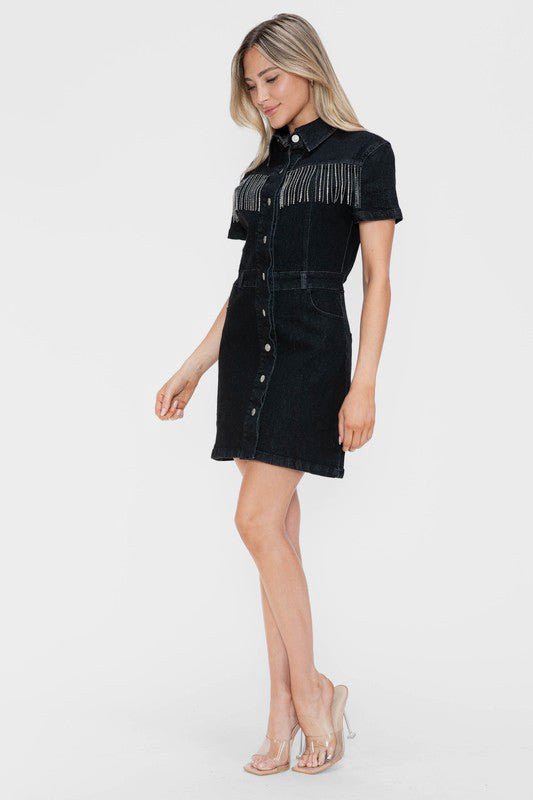 bytos Full Size Embellished Button Down Short Sleeve Denim Dress - Flip Flop Dynasty