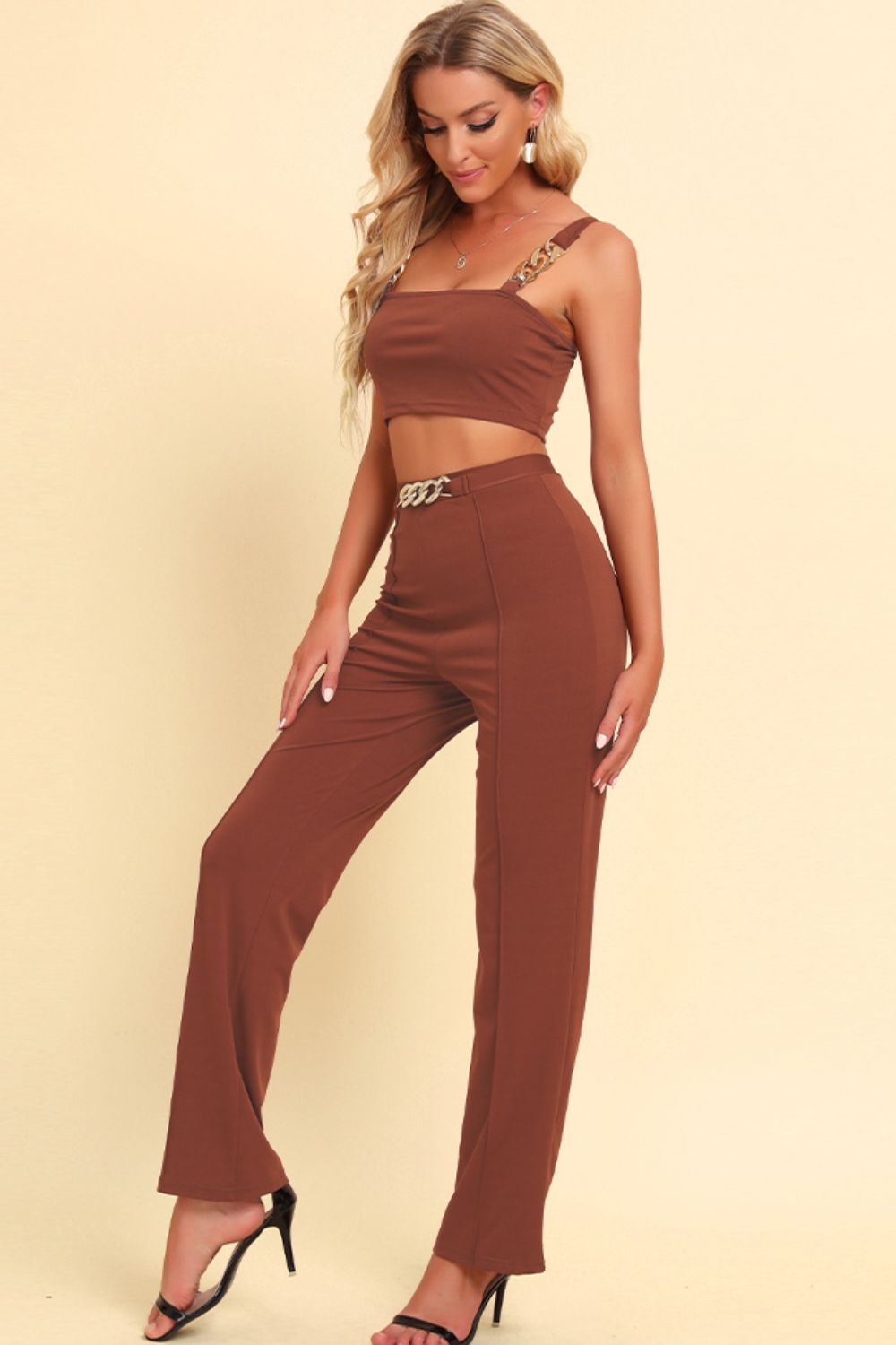 Chain Detail Cropped Cami and Straight Leg Pants Set - Flip Flop Dynasty