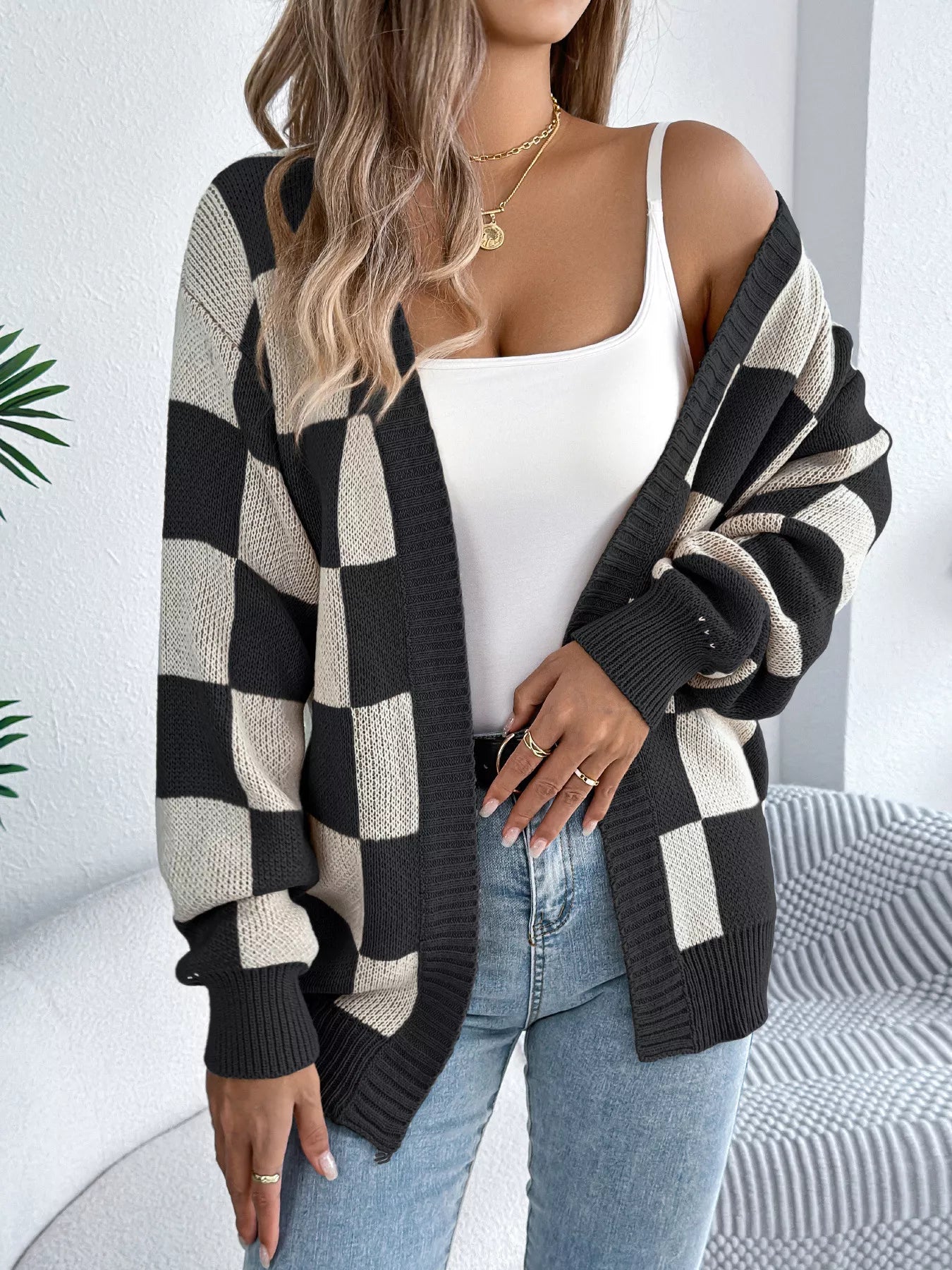 Checkered Pattern Open Front Cardigan - Flip Flop Dynasty