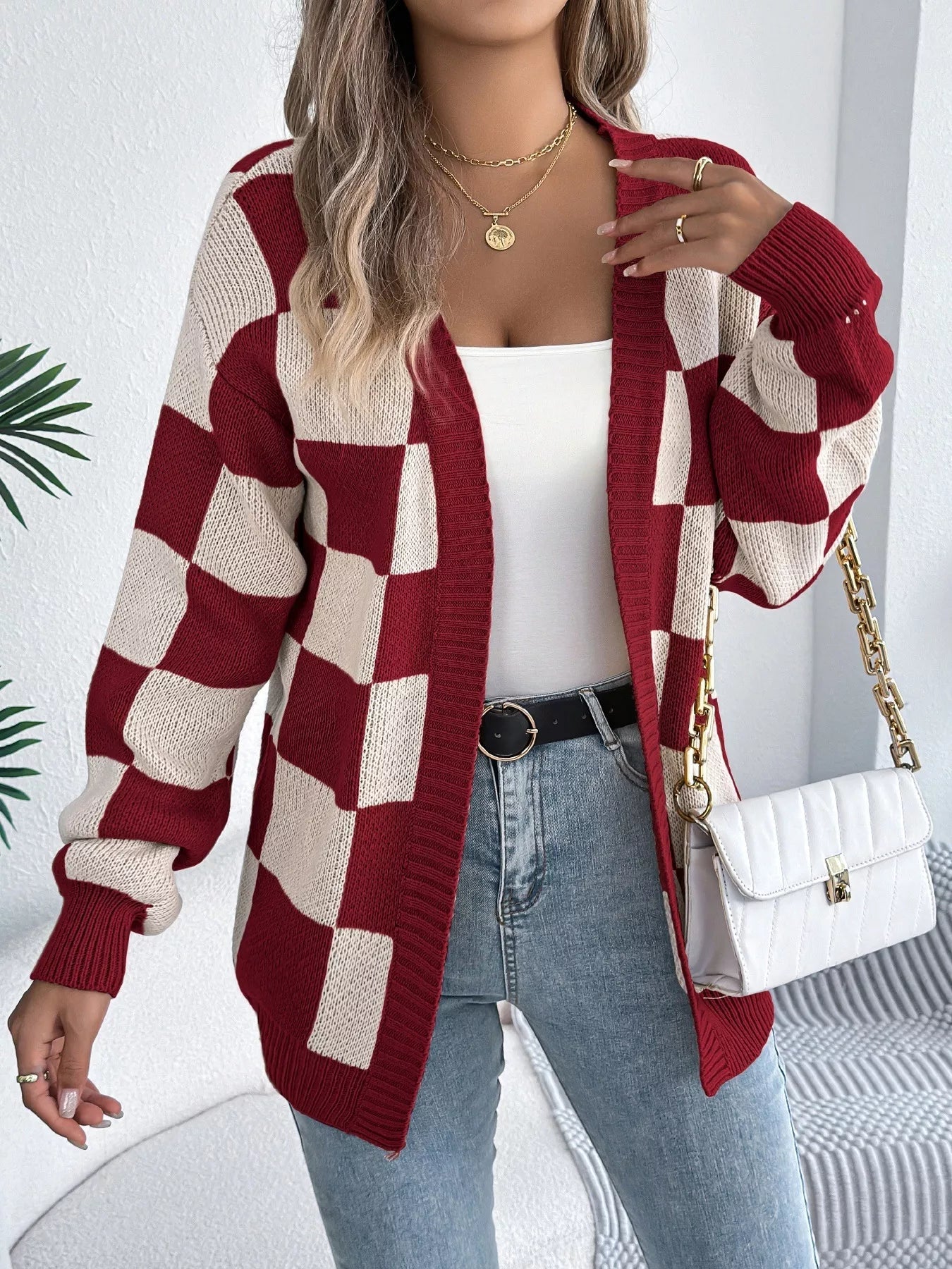 Checkered Pattern Open Front Cardigan - Flip Flop Dynasty