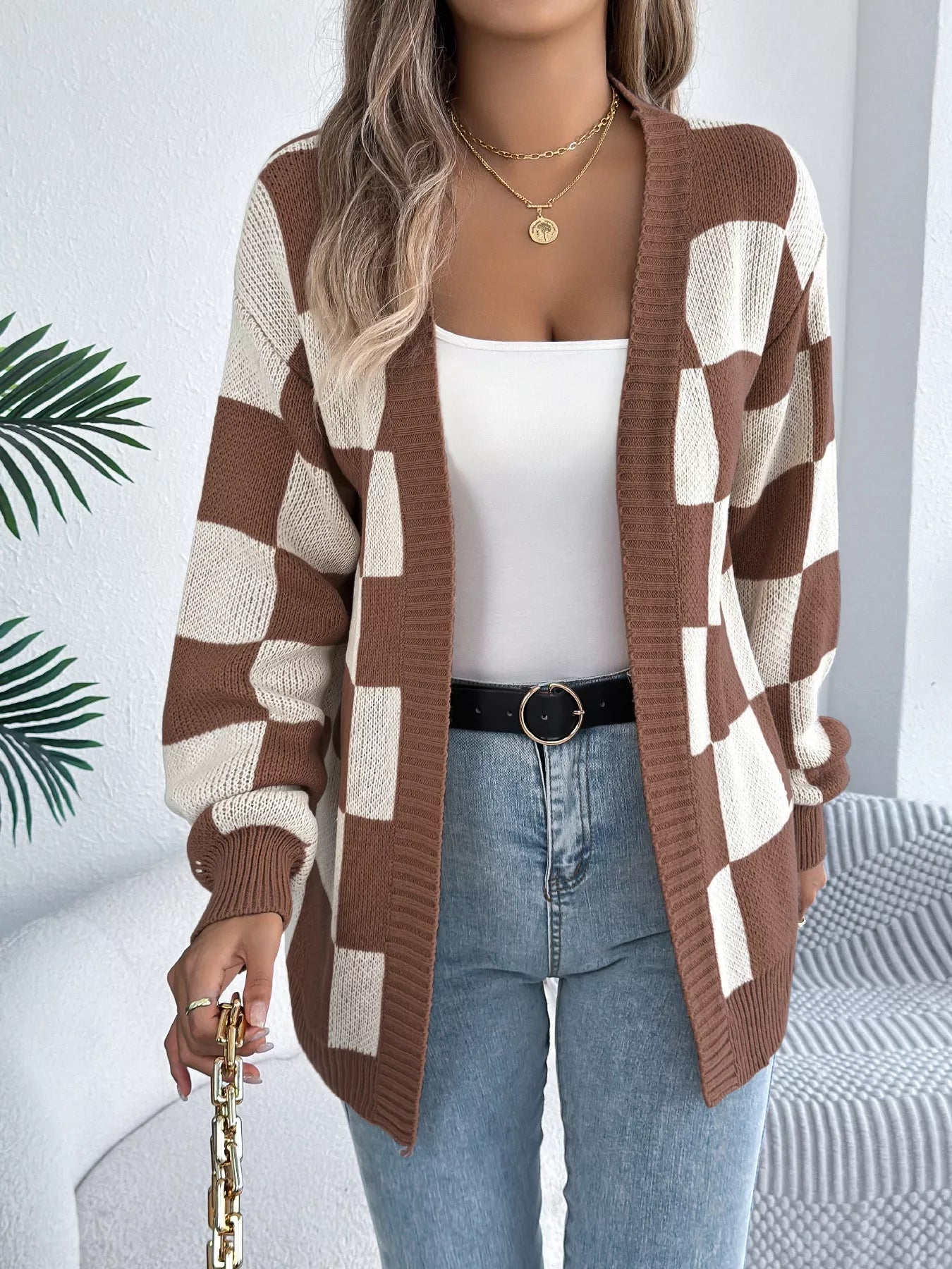 Checkered Pattern Open Front Cardigan - Flip Flop Dynasty