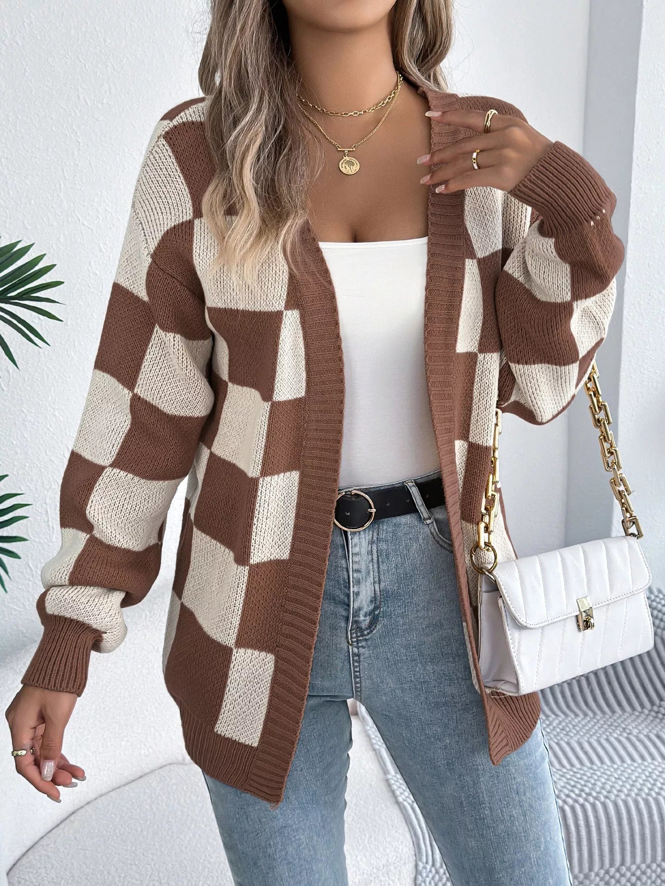 Checkered Pattern Open Front Cardigan - Flip Flop Dynasty