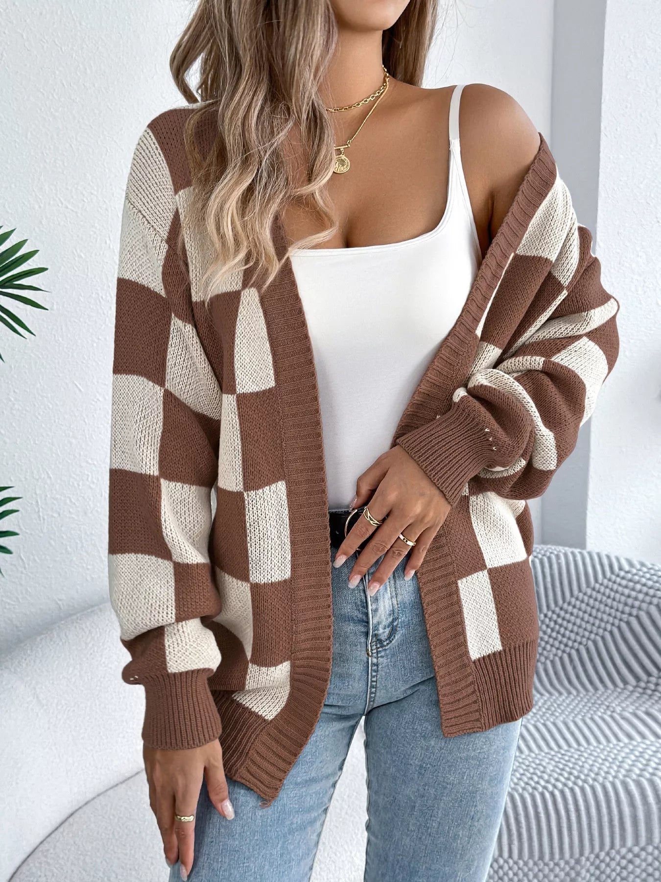 Checkered Pattern Open Front Cardigan - Flip Flop Dynasty